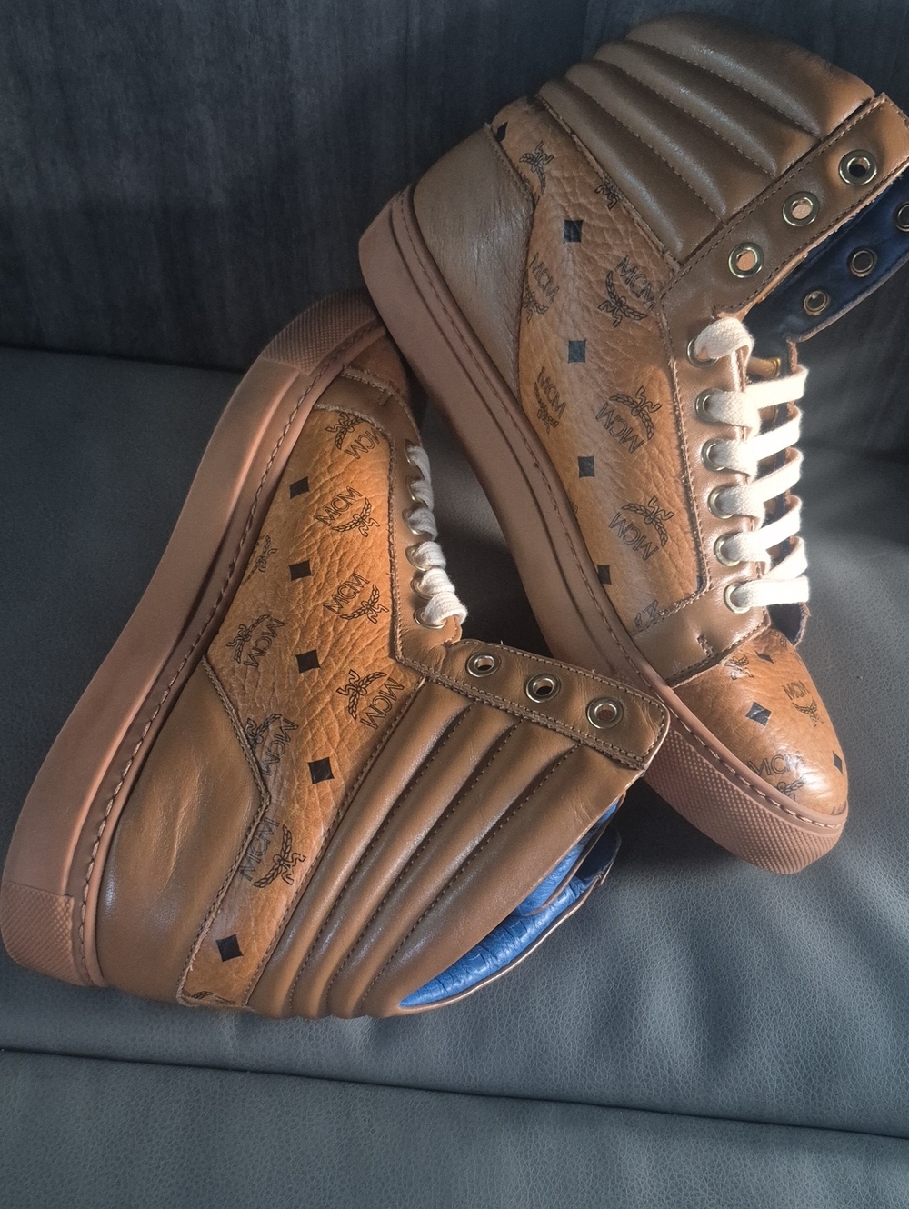 MCM Brown Logo High-Top Leather Sneakers